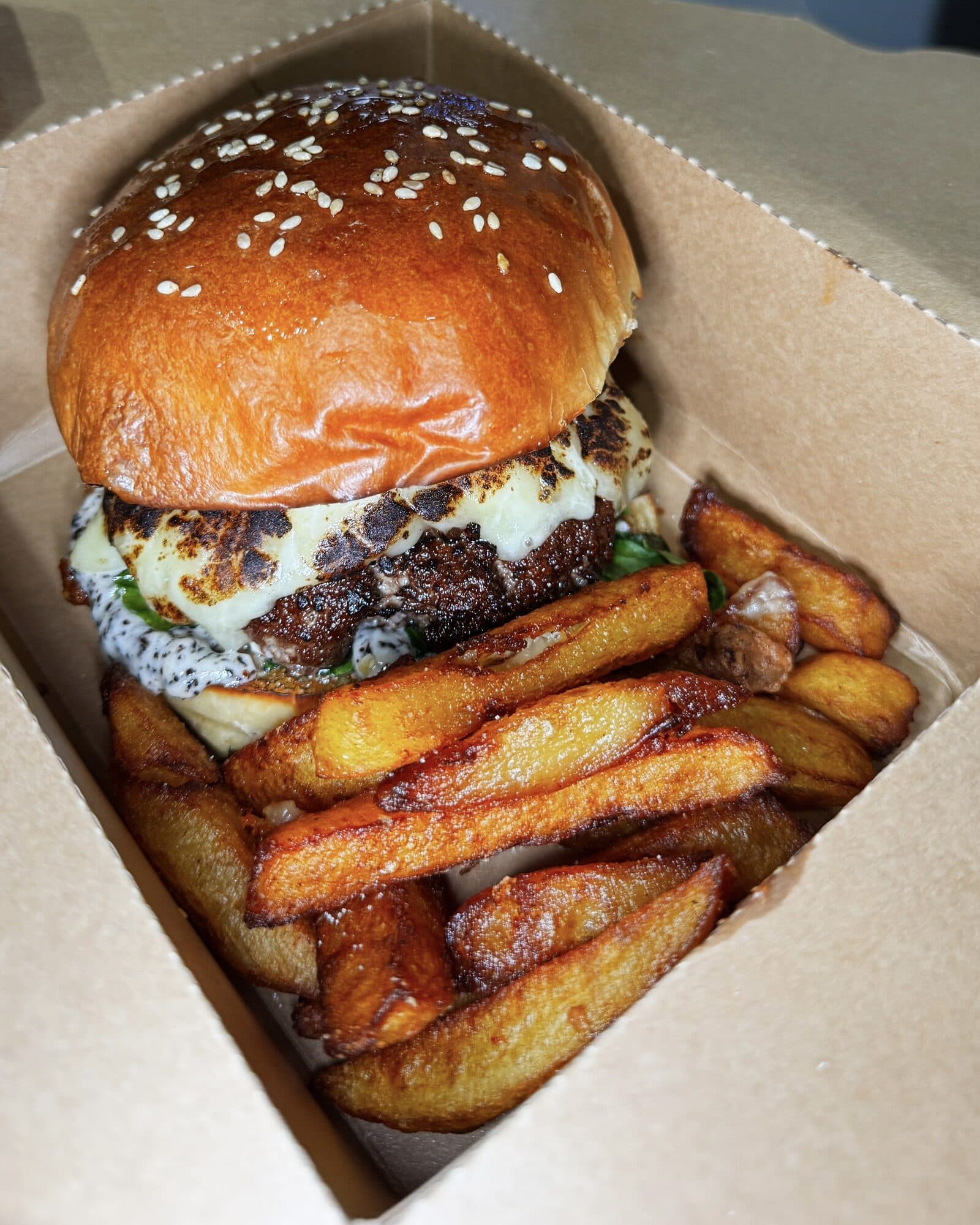 Burger with hand-cut fries and salad