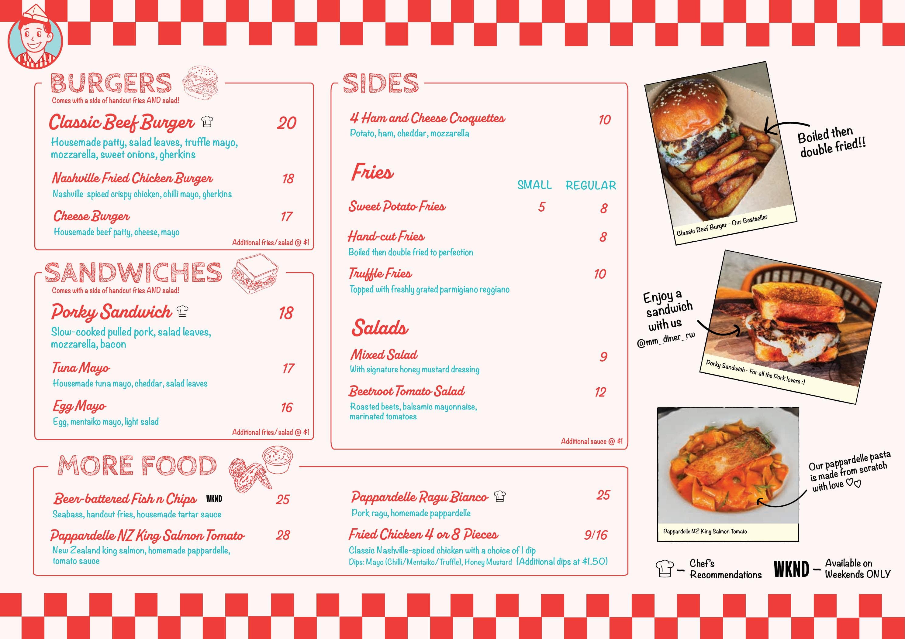MM Diner food menu — burgers, sandwiches, sides and more