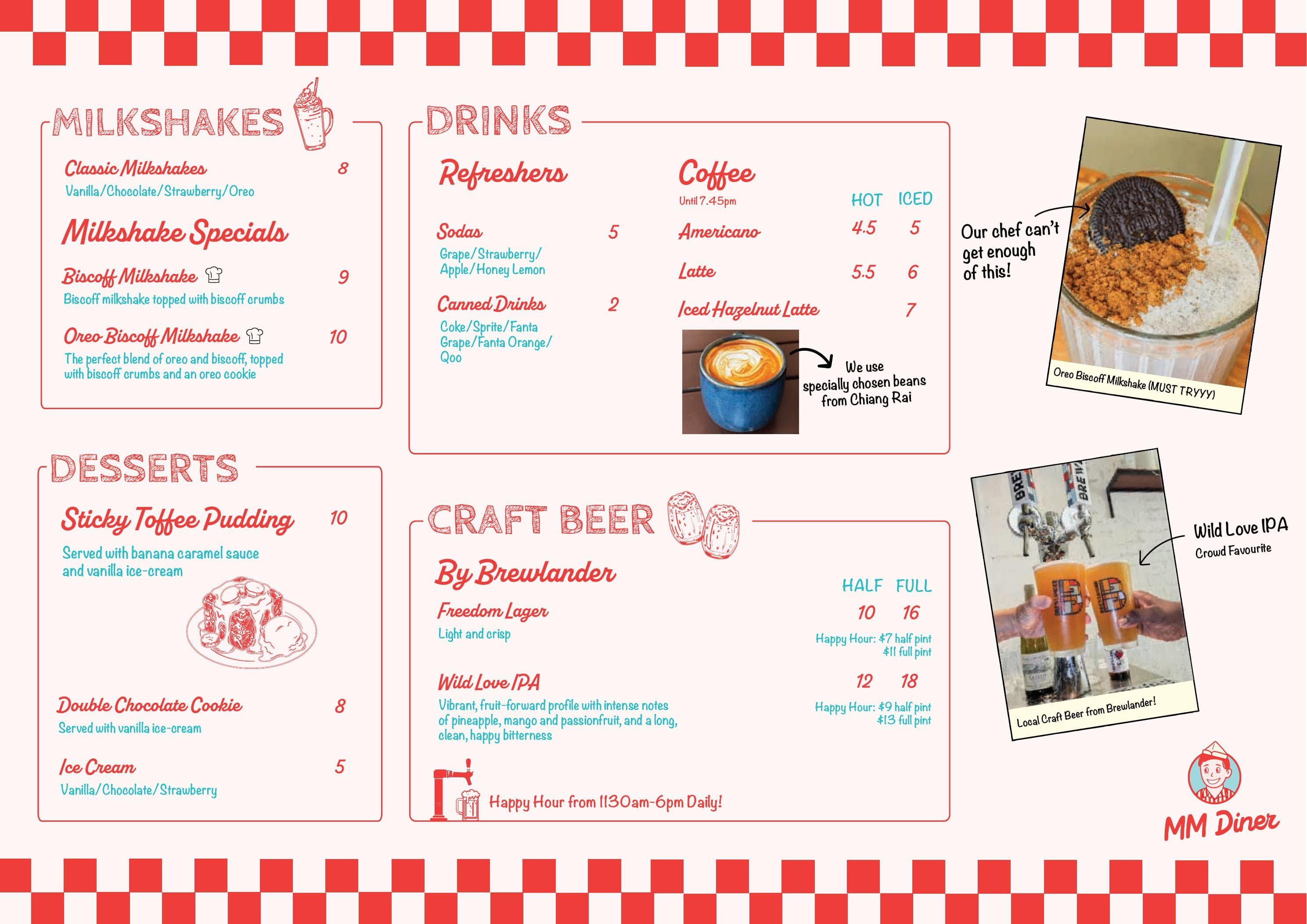 MM Diner drinks menu — milkshakes, desserts, coffee and craft beer